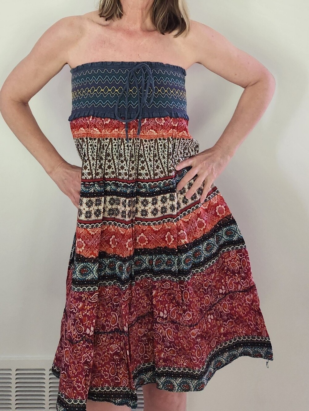 Boho Strapless Tiered Maxi Dress in Navy, Red & Cream - Picture 1 of 3